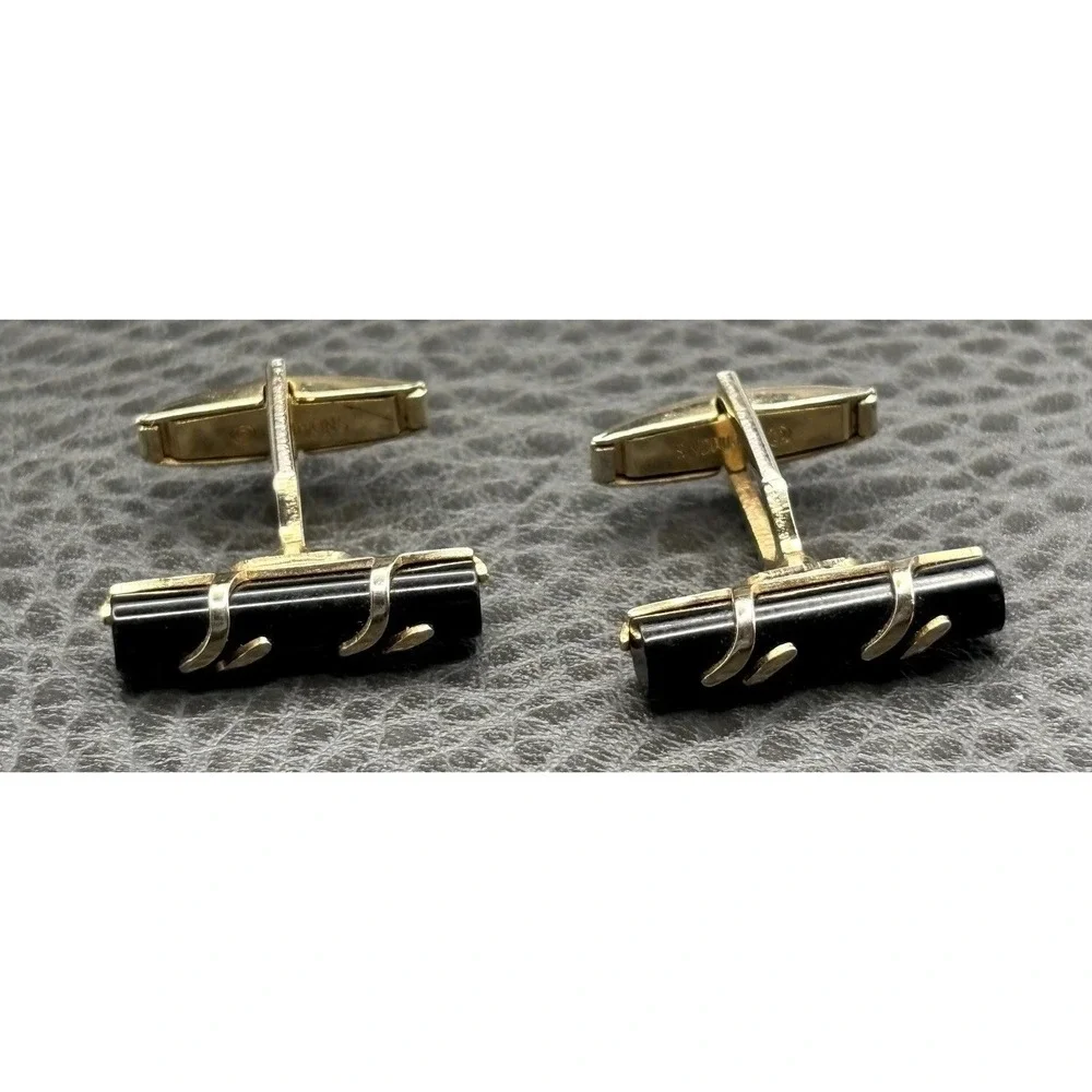 Vintage Emmons Black Stone Gold Tone Barrel Cufflinks Men's Luxury Accessory